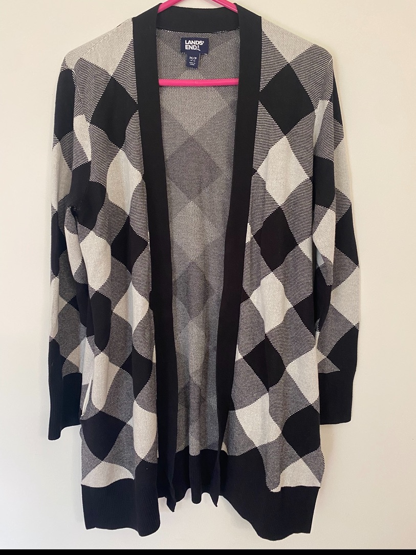 New Land’s End Cotton Open Front Cardigan Sweater Black & White Buffalo Check